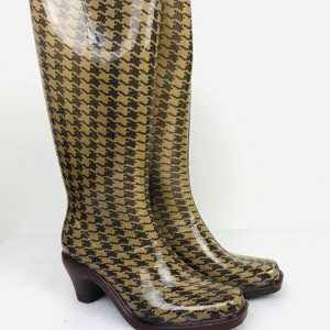 DAV Knee High Rain Boots Rubber Brown Houndstooth